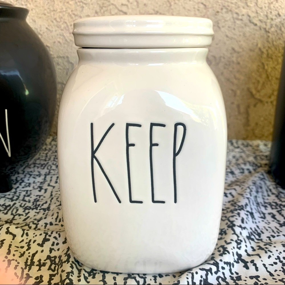 New Rae Dunn KEEP square shaped canister jar with flat top lid White with Black